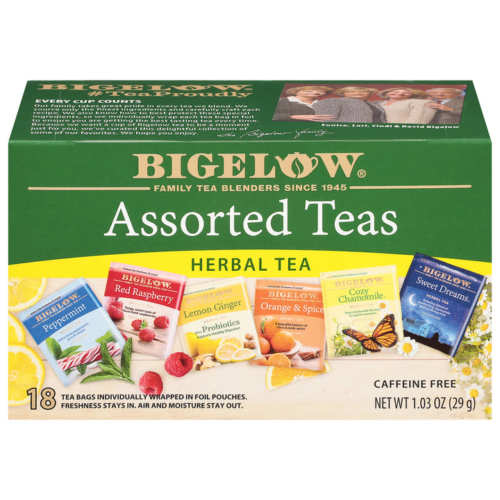 Front of Assorted Teas Herbal Tea box of 18 tea bags