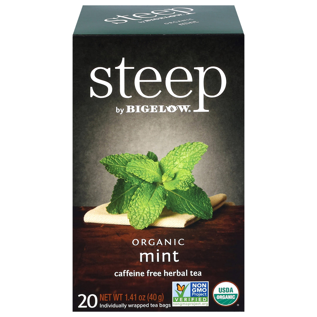Front of steep by Bigelow Organic Mint Herbal Tea Box of 20 tea bags