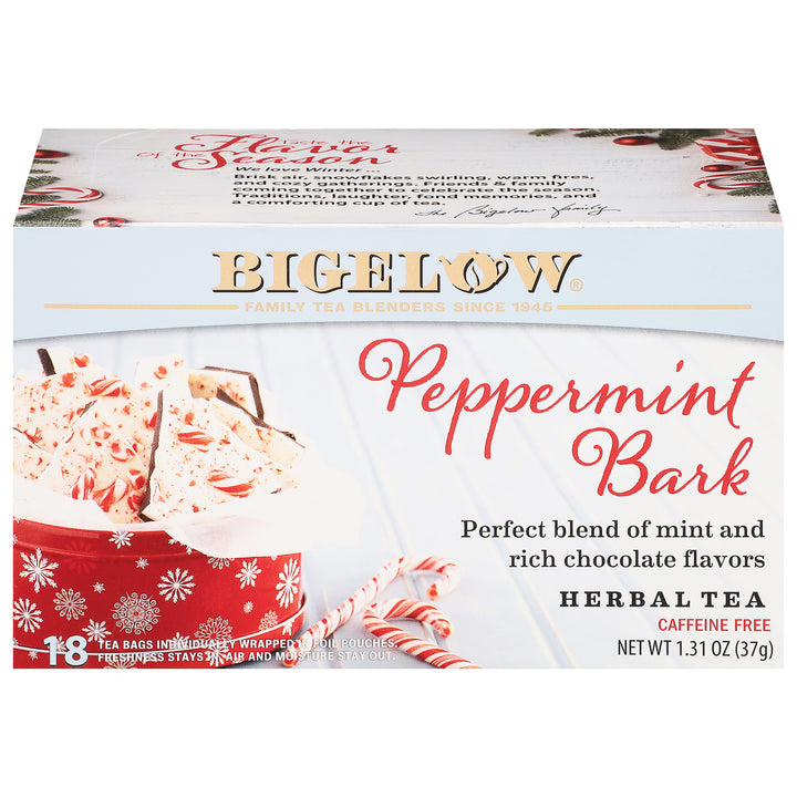 Front of Peppermint Bark Minty Chocolate Herbal Tea box