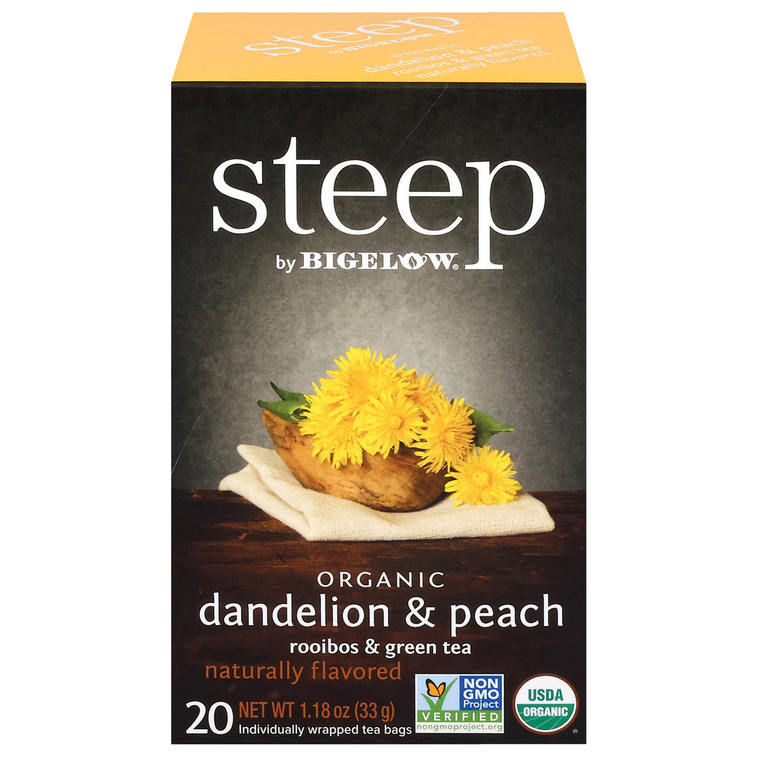 Front of steep by Bigelow Organic Dandelion and peach Rooibos and Green Tea Box of 20 tea bags
