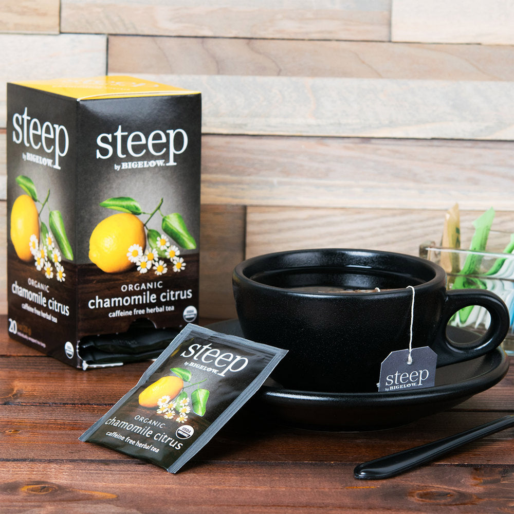 Cup of steep by bigelow organic chamomile citrus herbal tea