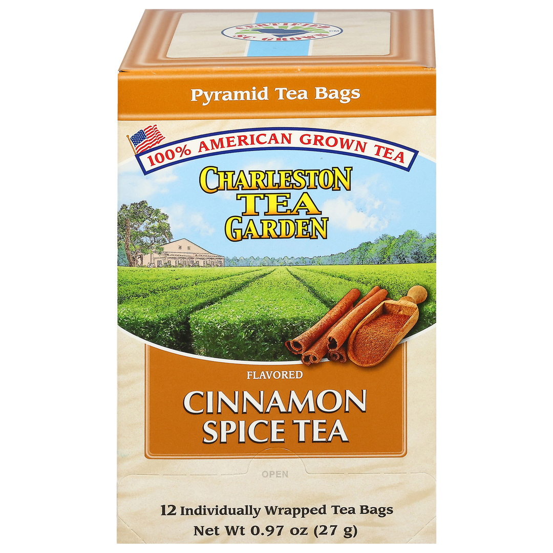 Box of Charleston Tea Garden Cinnamon Spice Tea with a scenic label