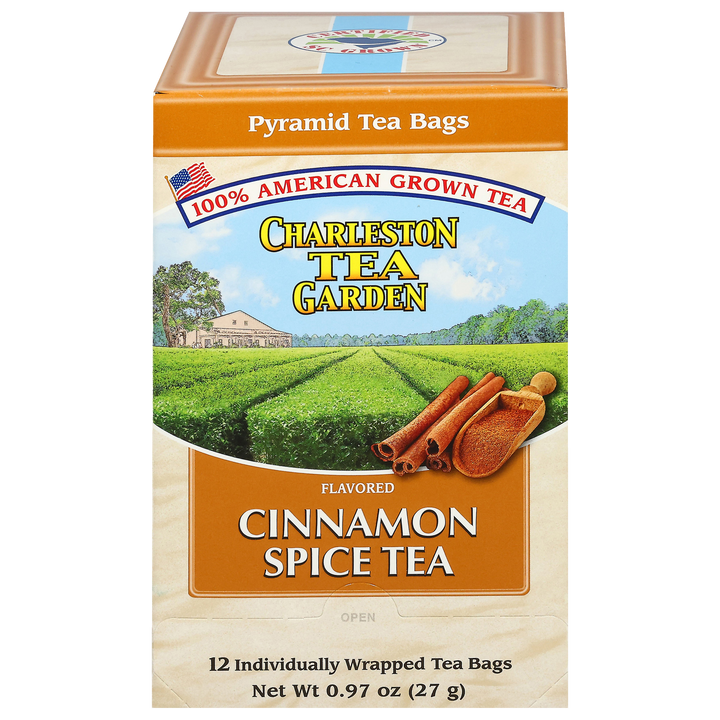 Box of Charleston Tea Garden Cinnamon Spice Tea with a scenic label