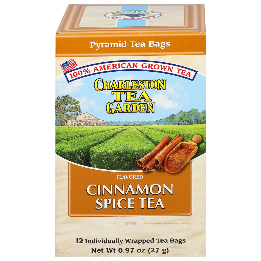 Box of Charleston Tea Garden Cinnamon Spice Tea with a scenic label