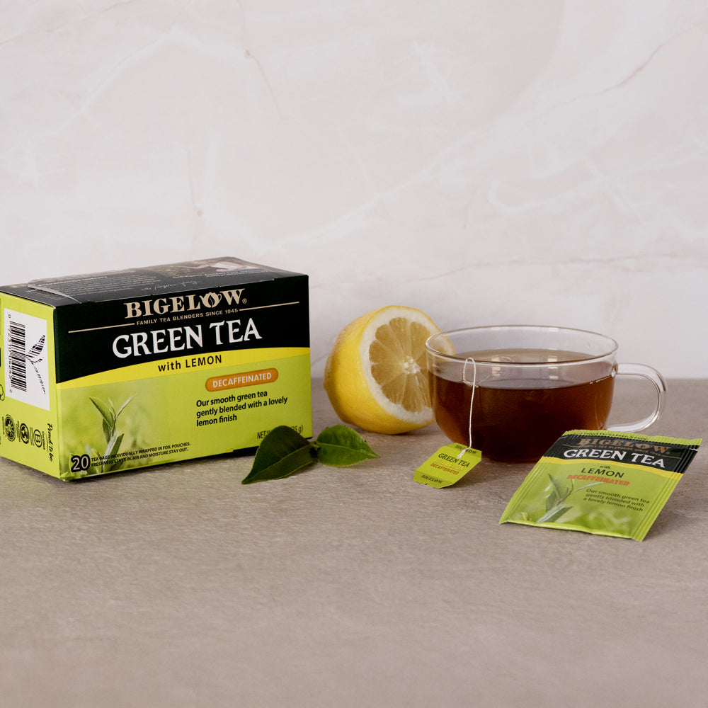 Cup and box of Green Tea with Lemon Decaf