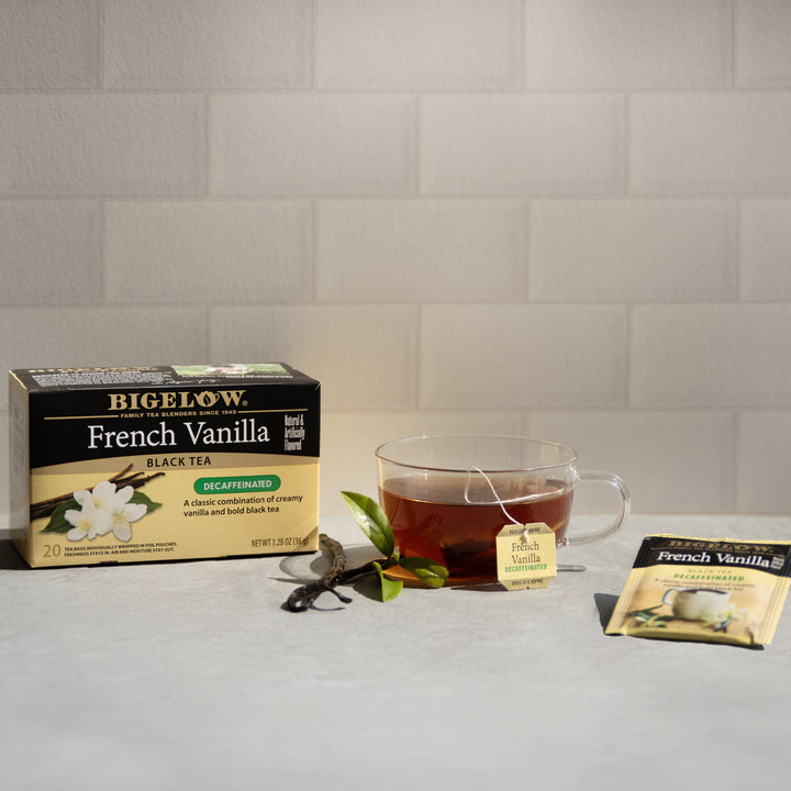 Cup and box of French Vanilla Decaf Tea