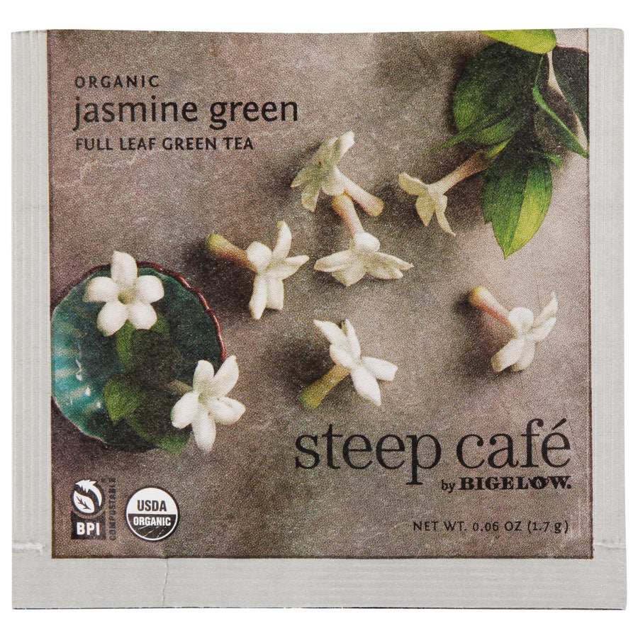 Overwrap packet of steep by bigelow organic jasmine green tea