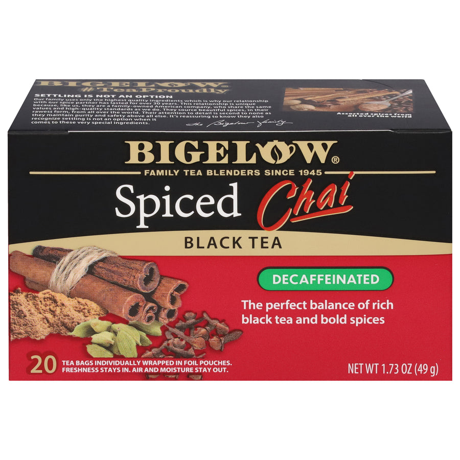 Front of Spiced Chai Decaffeinated Tea box