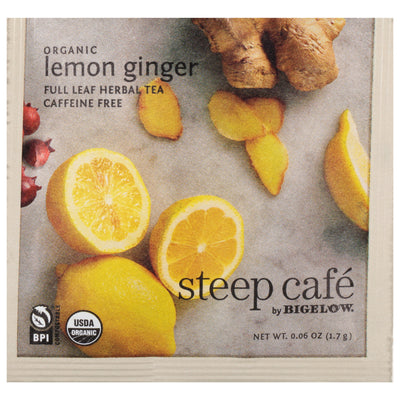 steep cafe by Bigelow organic full leaf lemon ginger herbal tea pyramid bag in overwrap