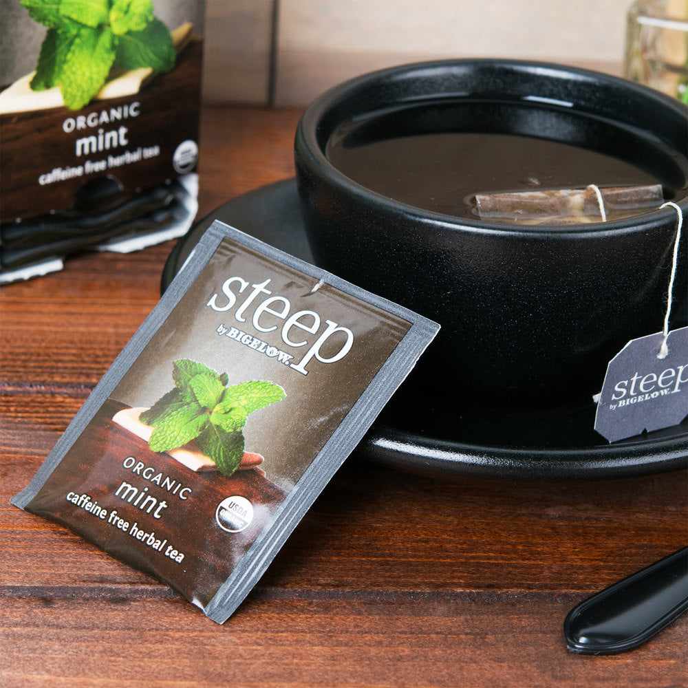 Cup of steep by bigelow organic mint herbal tea