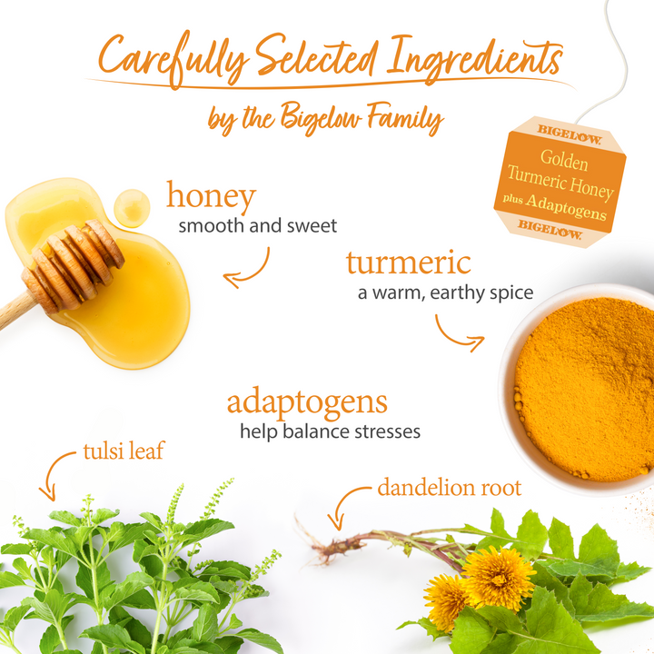 Golden Turmeric Honey Herbal Tea ingredients displayed