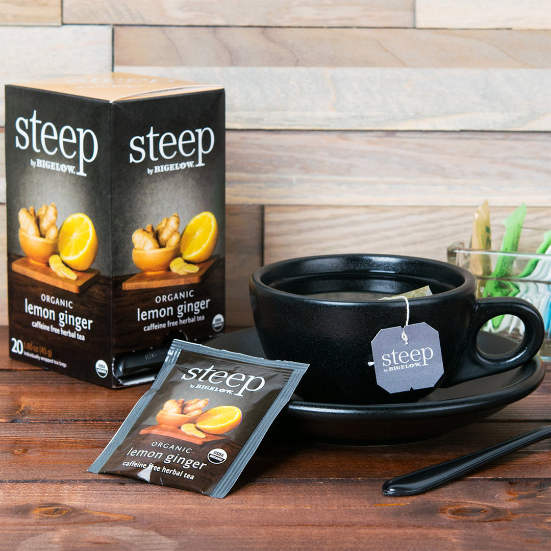 Cup of steep by bigelow organic lemon ginger herbal tea