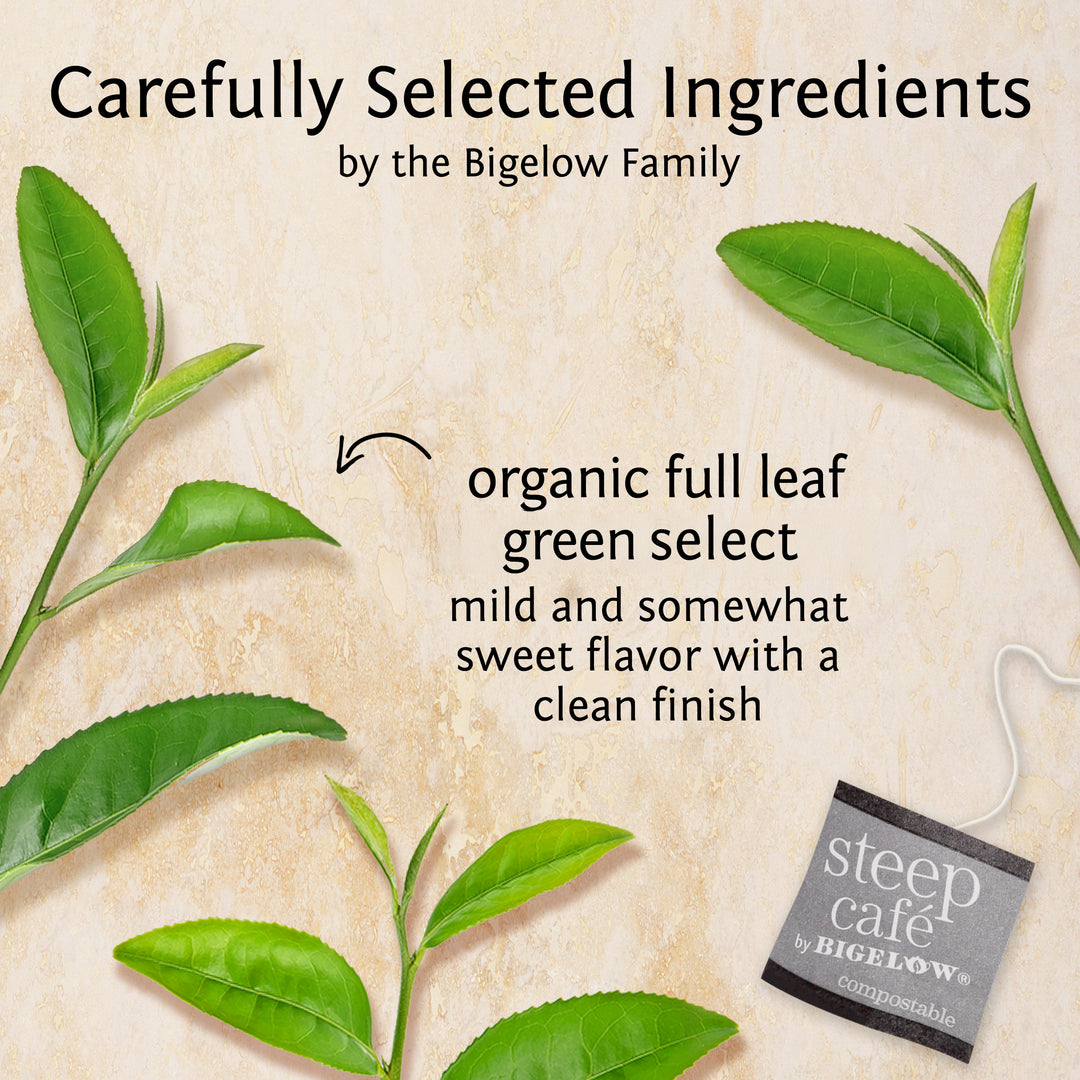 Ingredients of steep cafe by Bigelow organic full leaf chun mee green tea
