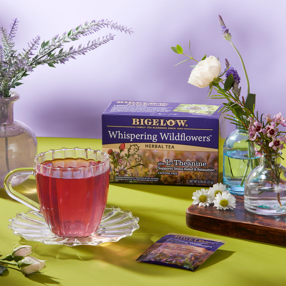 Cup of Whispering Wildflowers Plus L-Theanine Herbal Tea with box and foil packet