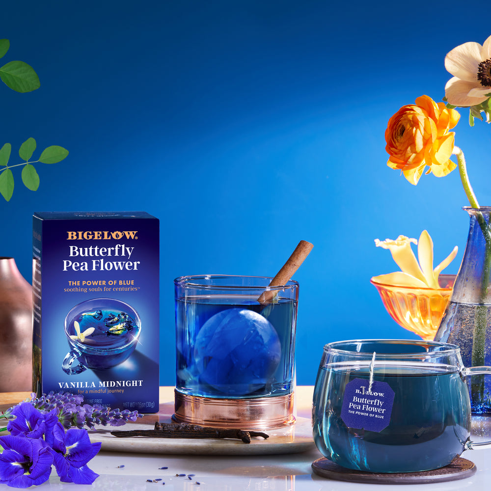 Cup of Vanilla Midnight Butterfly Pea Flower Herbal Tea hot and over ice with box and tag