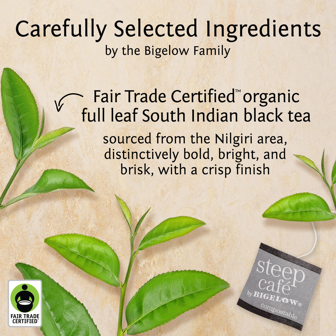 Ingredients of steep cafe by Bigelow organic full leaf south indian select black tea