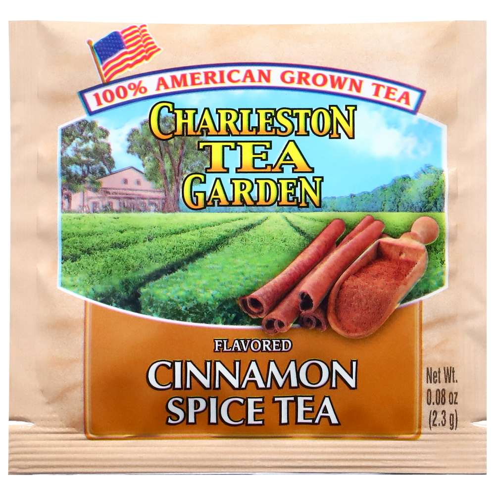 Tea package from Charleston Tea Garden with cinnamon sticks and a scenic background