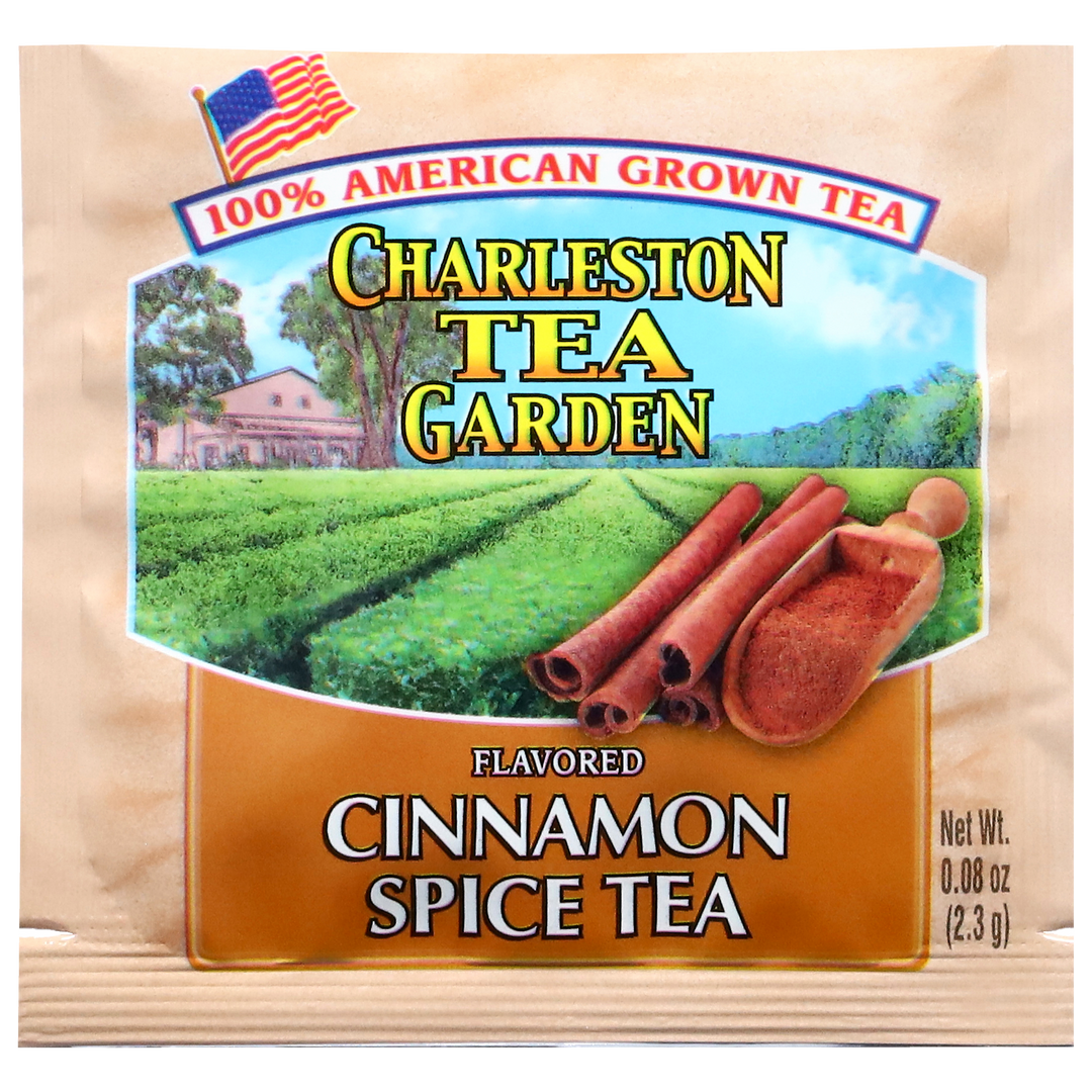 Tea package from Charleston Tea Garden with cinnamon sticks and a scenic background