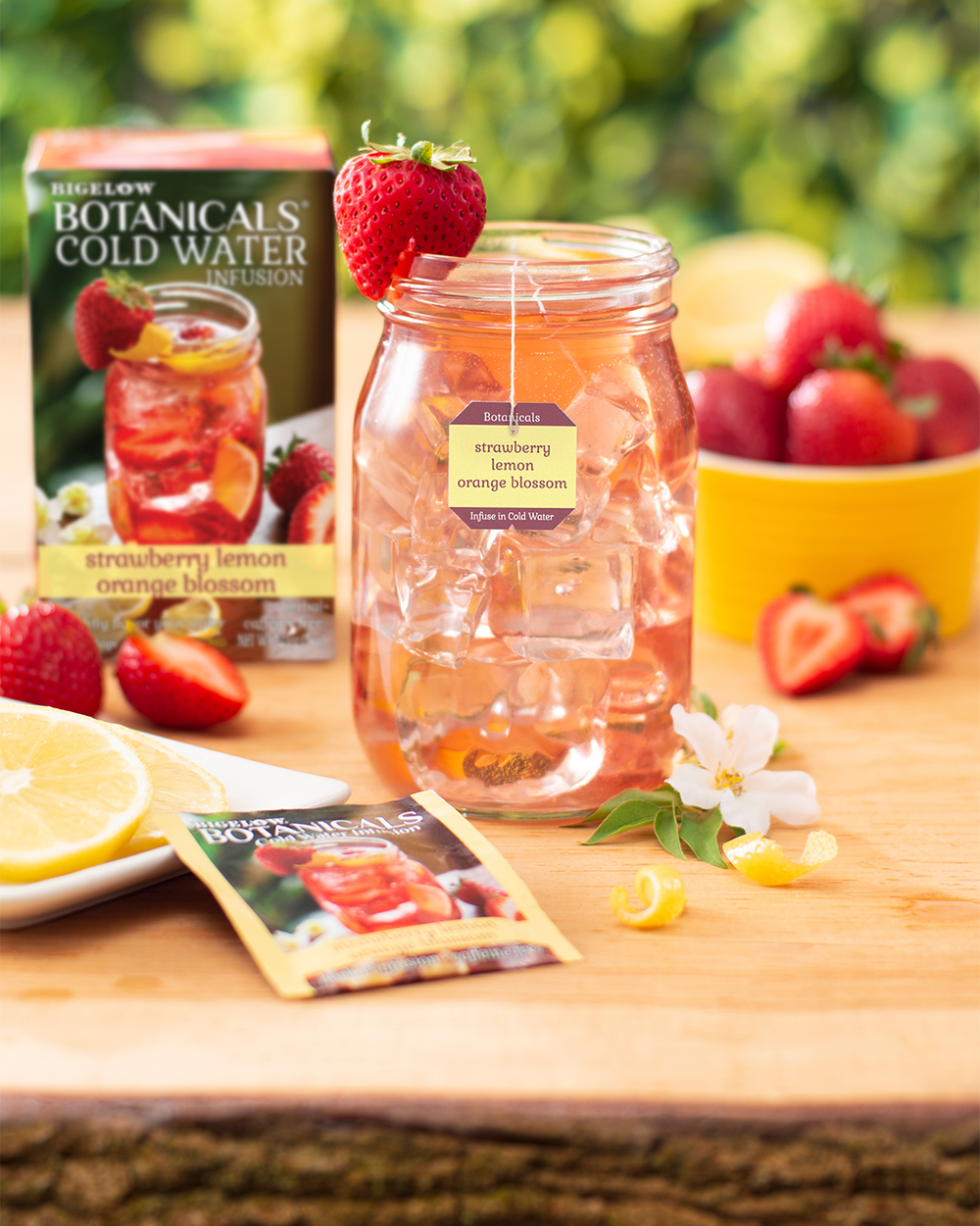 Mason jar filled with Strawberry Lemon Orange Blossom Cold Water Infusion