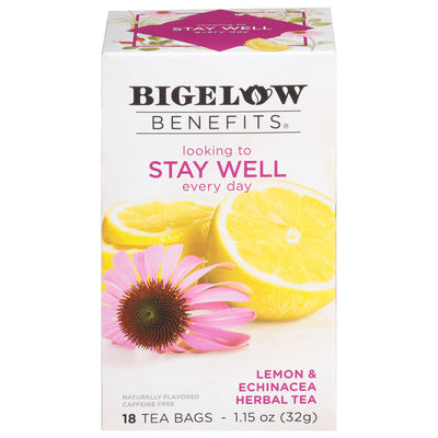 Front of Bigelow Benefits Lemon and Echinacea Herbal Tea box