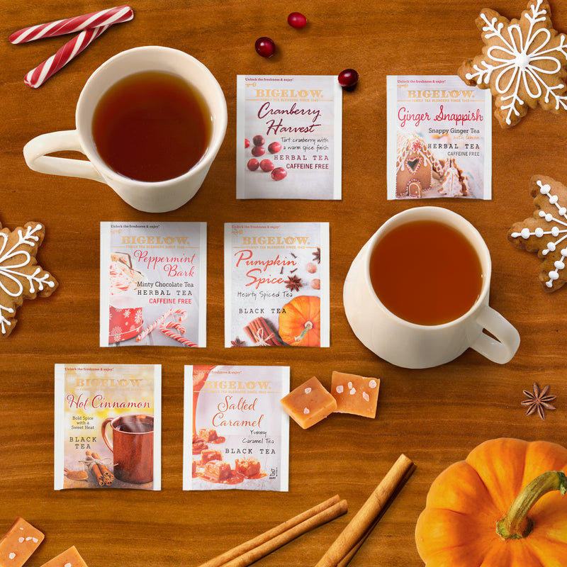 Assorted foil packets of Bigelow Seasonal Teas