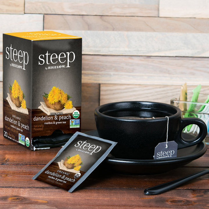 Cup of steep by bigelow organic dandelion and peach rooibos and green tea