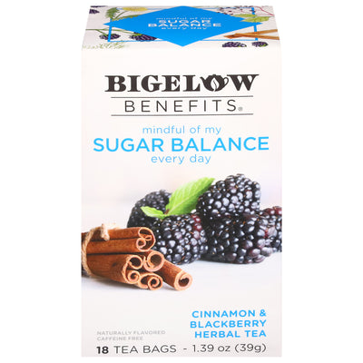 Front of Bigelow Benefits Cinnamon and Blackberry Herbal Tea box