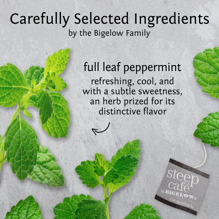 Ingredients of steep cafe by Bigelow full leaf mint herbal tea