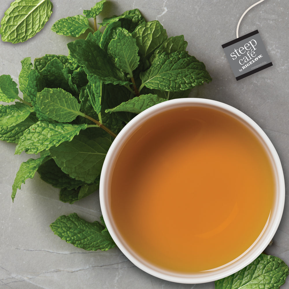 cup of steep cafe by Bigelow full leaf mint herbal tea