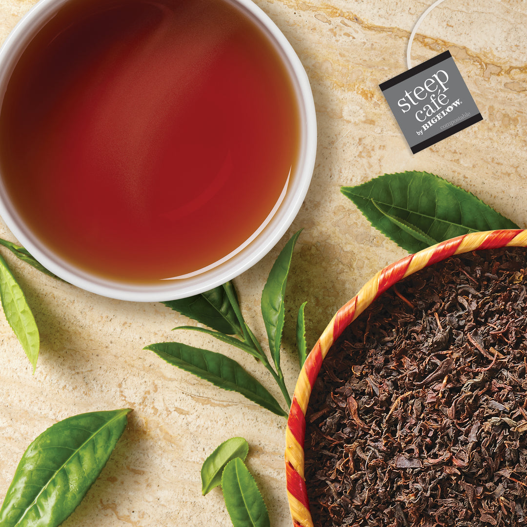 cup of steep cafe by Bigelow organic full leaf south indian select black tea