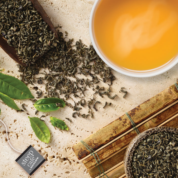 cup of steep cafe by Bigelow organic full leaf chun mee green tea