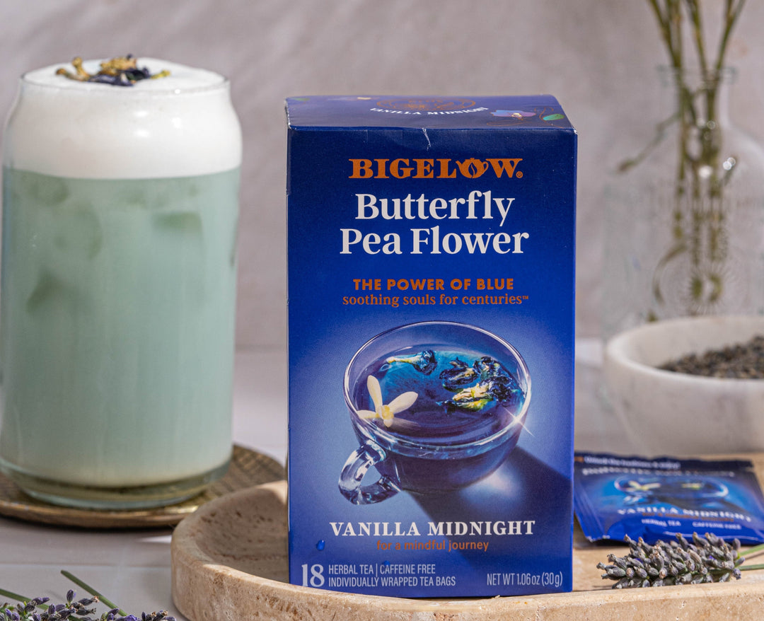 Bigelow Butterfly Pea Flower Vanilla Midnight Iced Latte with box of the same tea