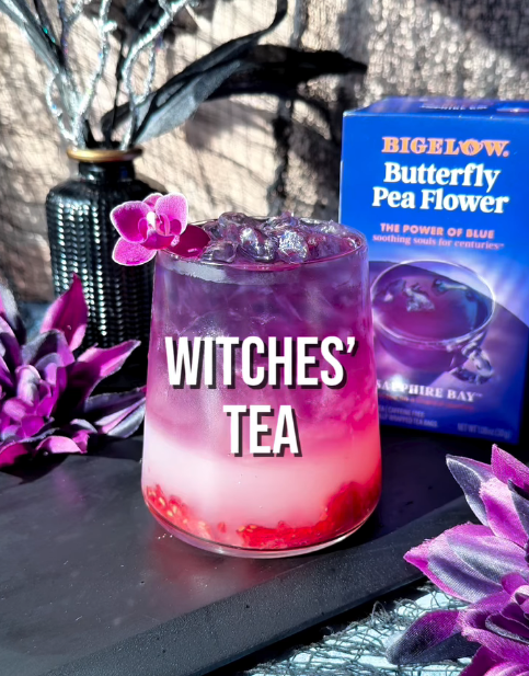 Butterfly Pea Flower Tea Box with Glass of Witches Tea Cocktail