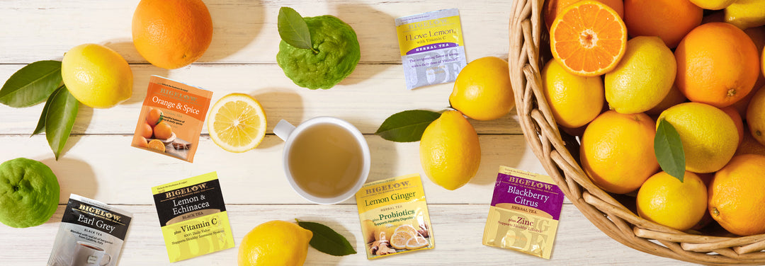 Bigelow Citrus Teas with a bowl of citrus fruits