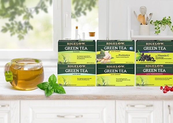 Bigelow Tea Boxes of Green Tea Classic, Green Tea Ginger plus Probiotics, Green Tea Elderberry, Green Tea Mint, Green Tea Lemon and Green Tea Pomegranate