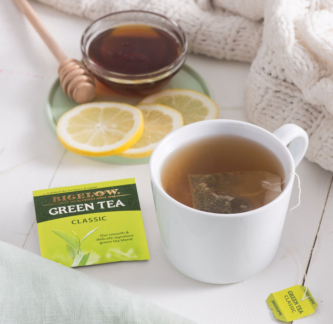 Mug on Bigelow Green Tea with lemon slices and honey