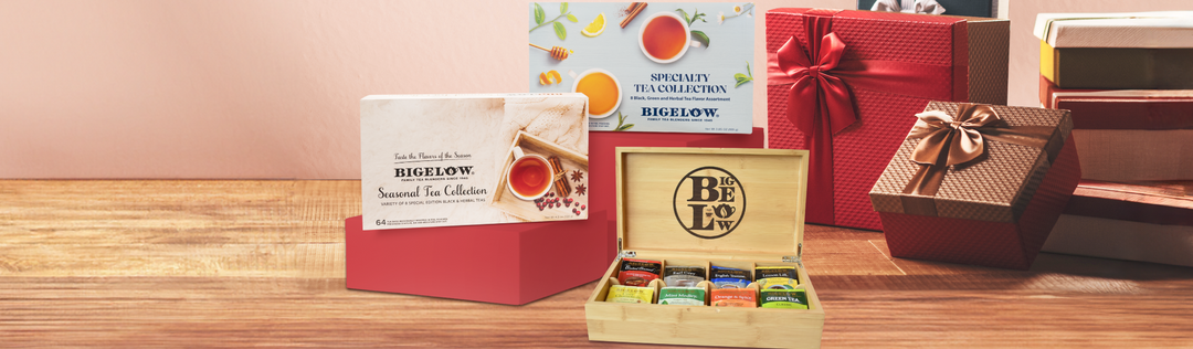 Bigelow Seasonal Tea Gift Box, wooden tea tea chest and Specialty gift collection on wooden tabletop with gift boxes