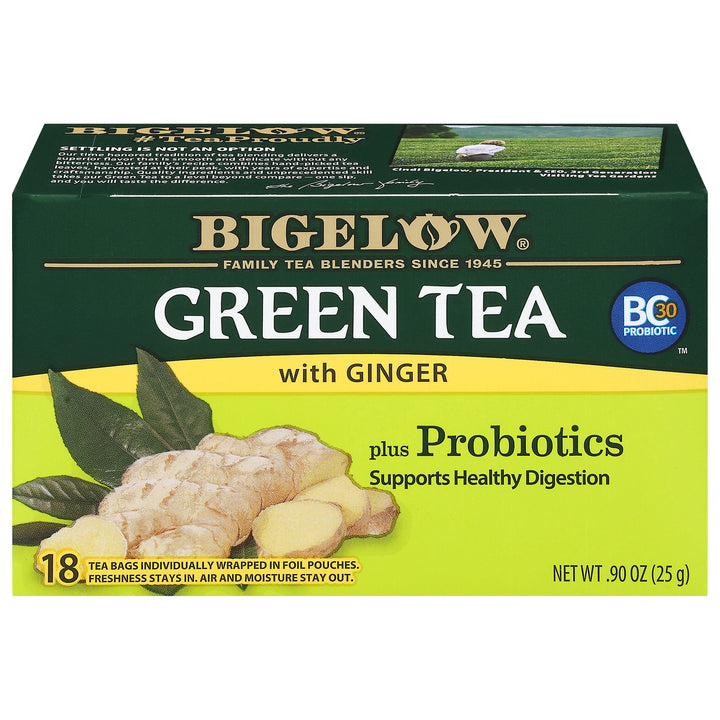 Front of Green Tea with Ginger Plus Probiotics Box - 20 tea bags per box