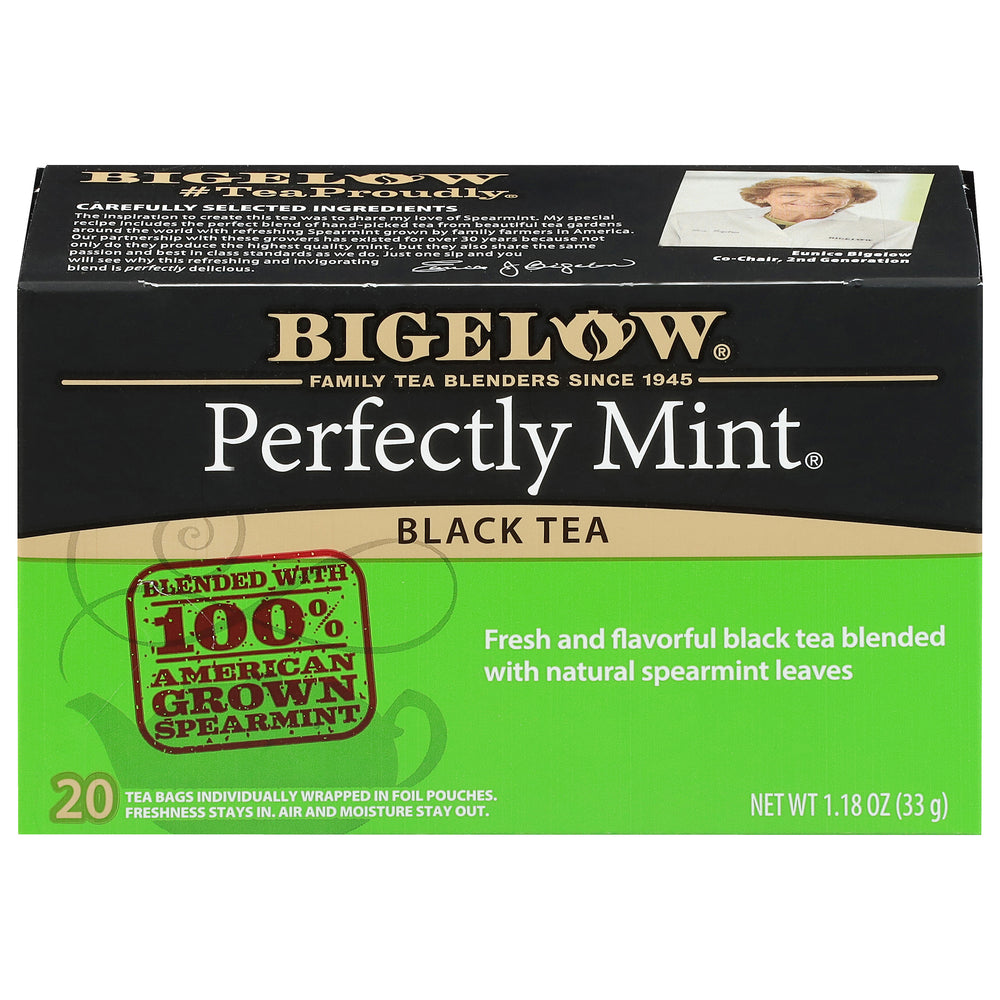 Bigelow Perfectly Mint black tea packaging on a white background