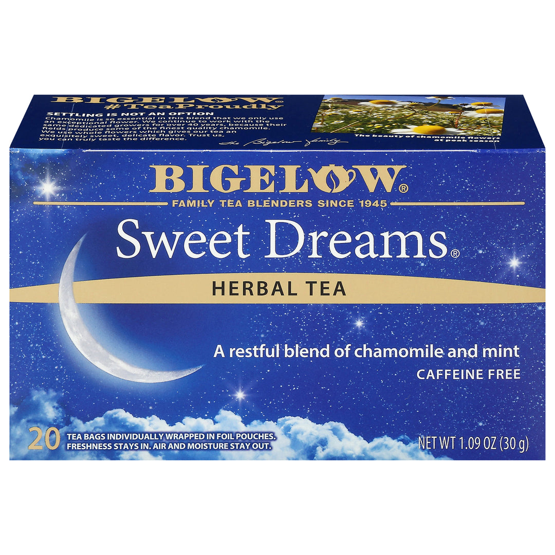 Bigelow Sweet Dreams Herbal Tea packaging with moon and star design on a blue background