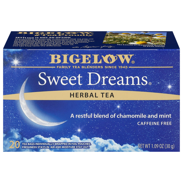 Bigelow Sweet Dreams Herbal Tea packaging with moon and star design on a blue background