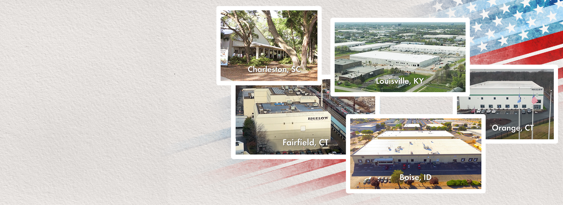Collage of Bigelow Teas Warehouse locations in the United States