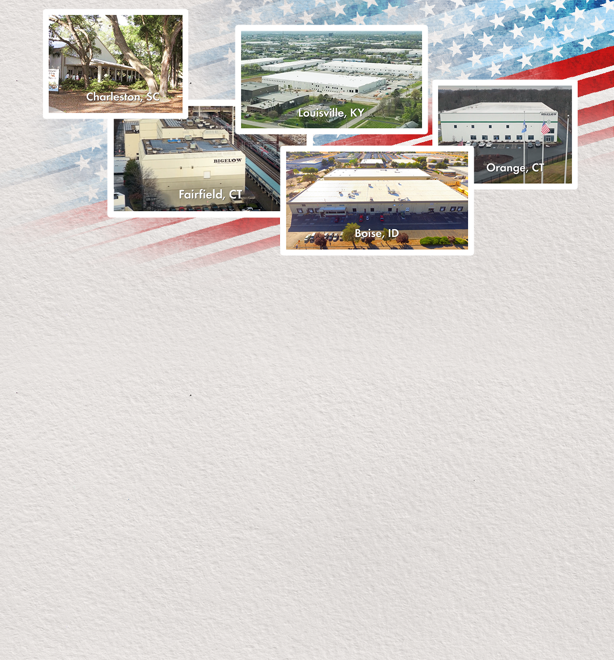 Collage of Bigelow Teas Warehouse locations in the United States