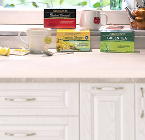 Bigelow Tea | Bigelow Lemon Ginger Green Constant Comment on kitchen counter MOBILE