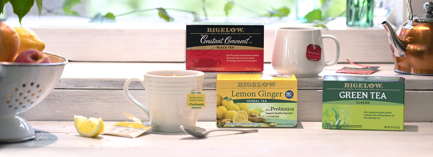 Bigelow Tea | Bigelow Lemon Ginger Green Constant Comment on kitchen counter - Desktop