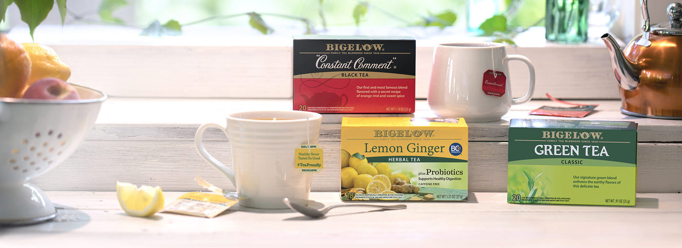 Bigelow Tea | Bigelow Lemon Ginger Green Constant Comment on kitchen counter - Desktop
