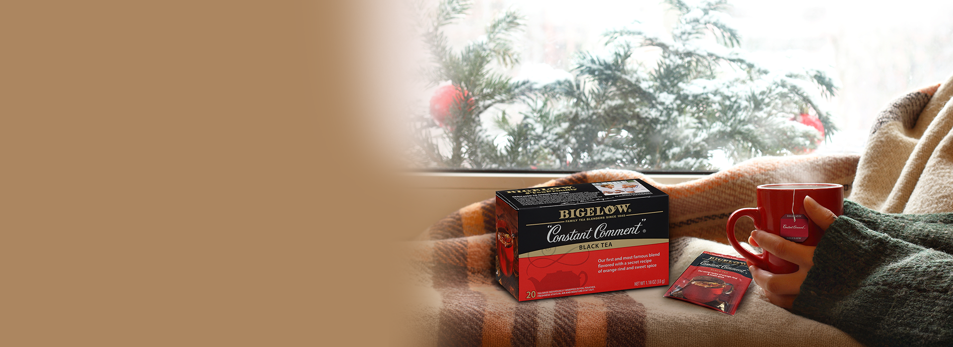Person holding a mug and Bigelow tea boxes by a window with a view of trees.