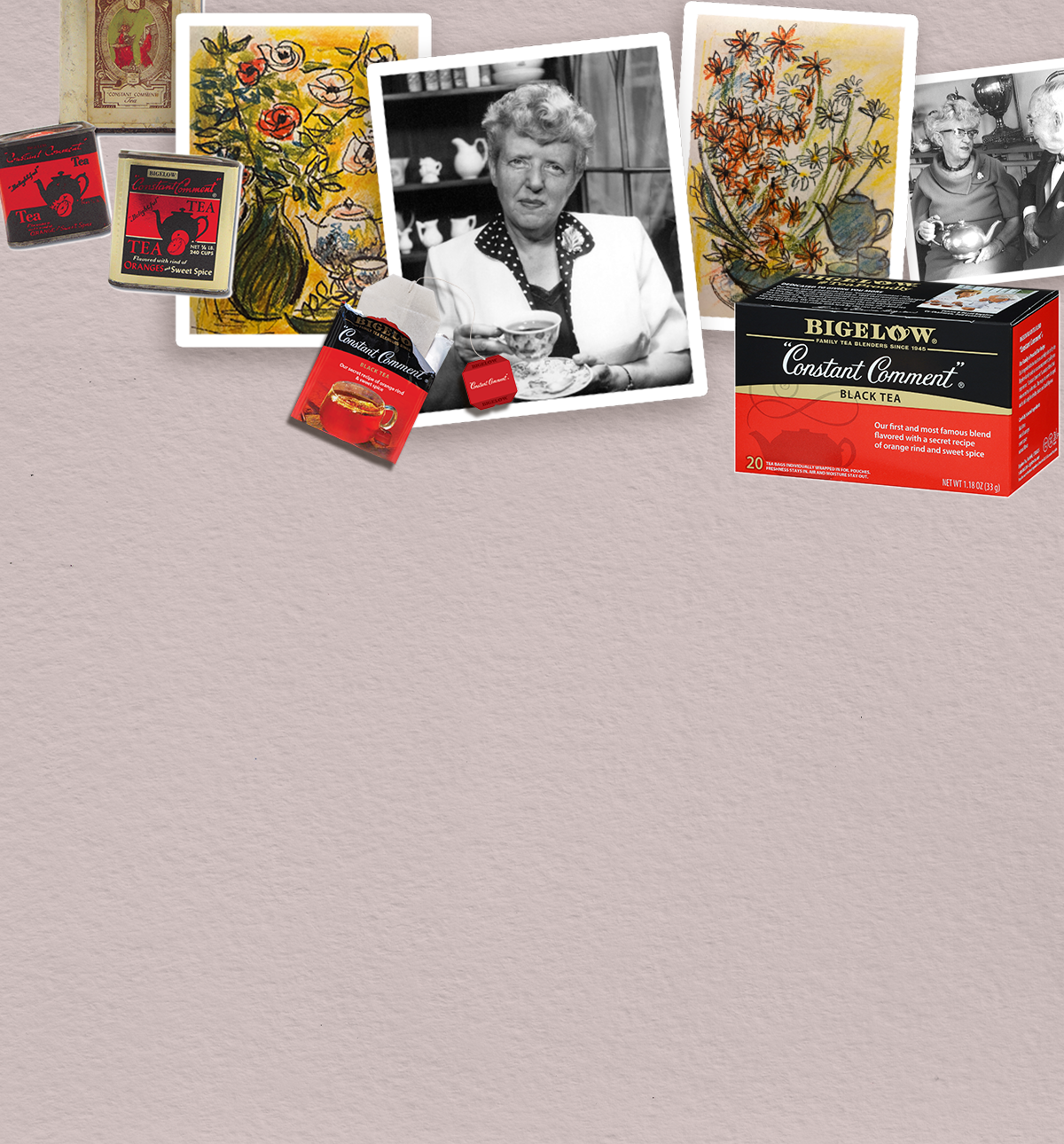 Tea packaging and images featuring Ruth Campbell Bigelow  on a textured surface