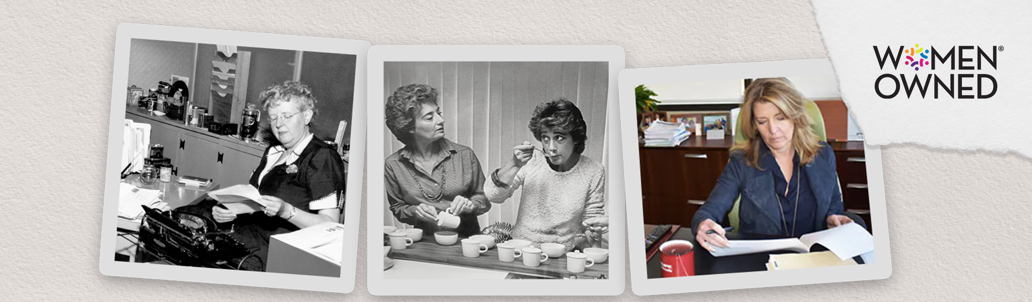Three black and white photos of women working in various settings with 'Women Owned' logo on the right.
