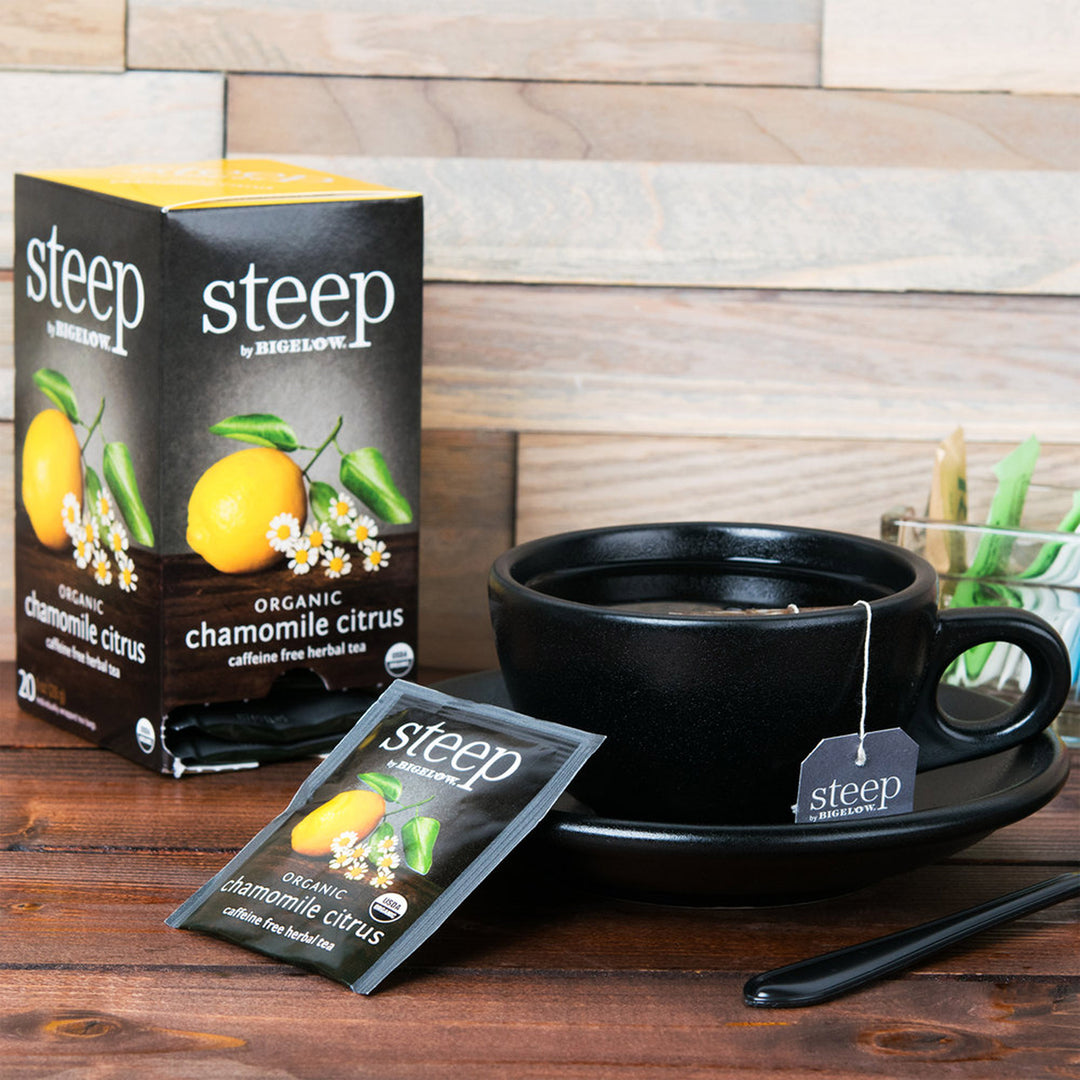 Cup of steep by bigelow organic chamomile citrus herbal tea